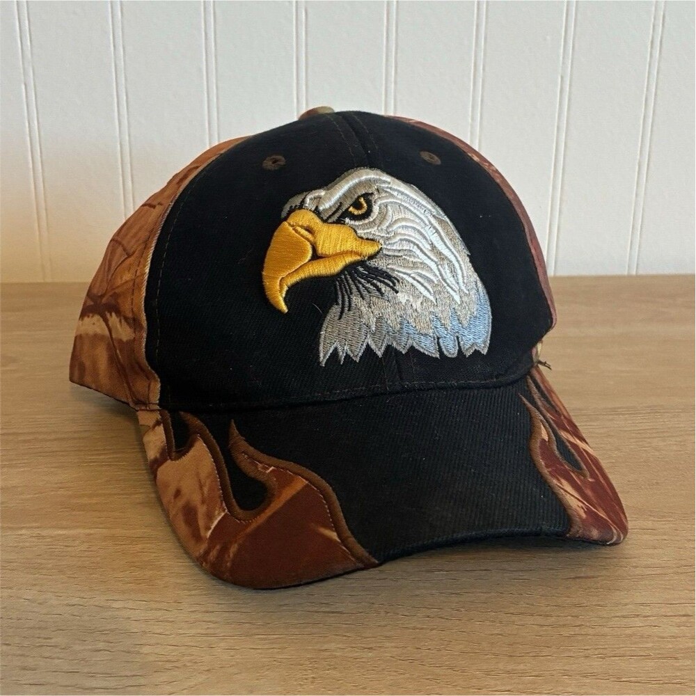 Vintage PAC Adjustable Black Camo Trucker Hat w/ Embroidered Eagle One Size